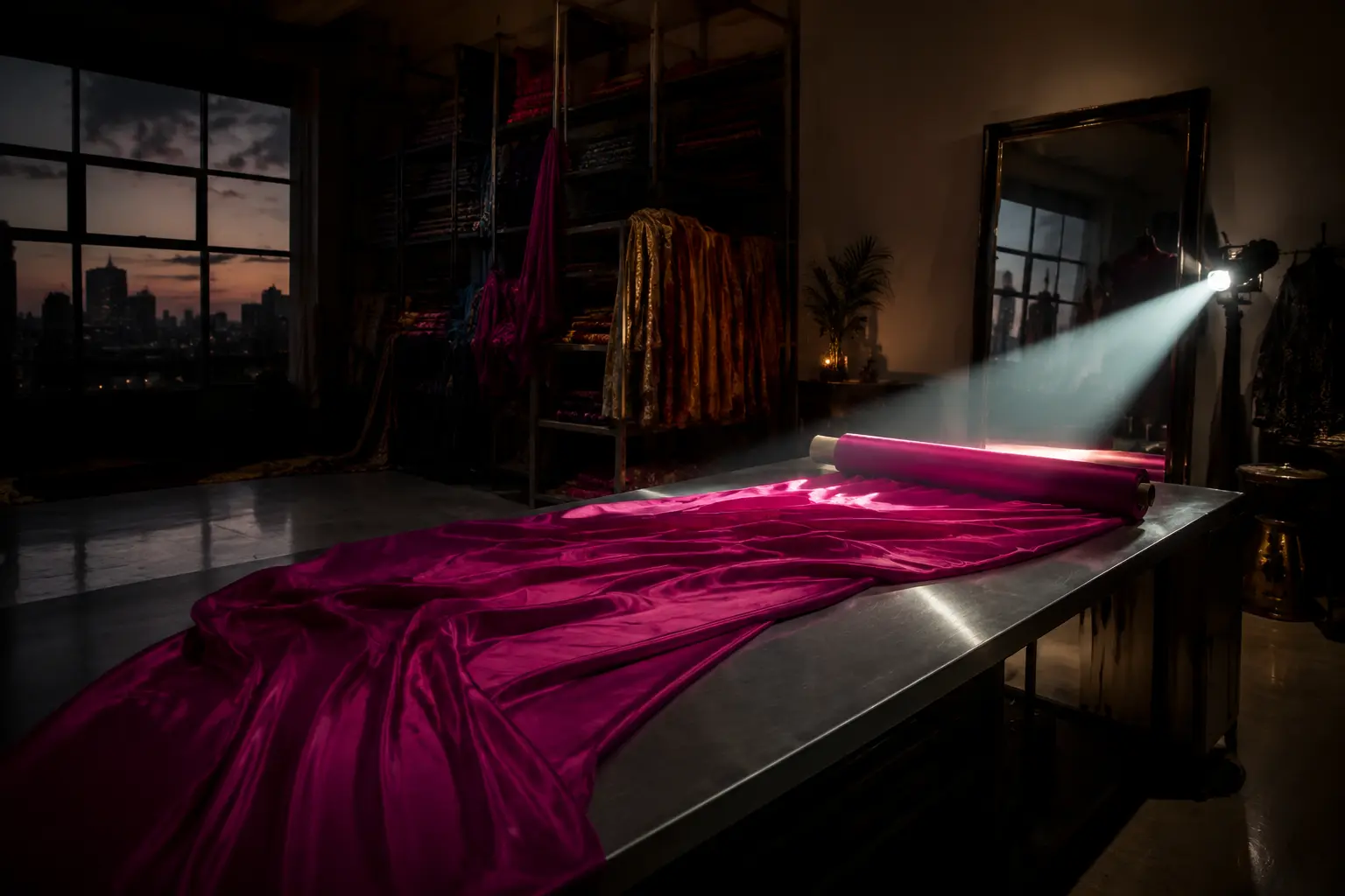 Deep magenta silk crossing a steel worktable in a contemporary textile atelier under a sharp beam of white light